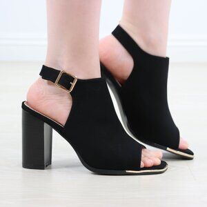 Block Heel Peep Toe Sandals Women’s Black Velvet Gold Buckle Ankle Strap